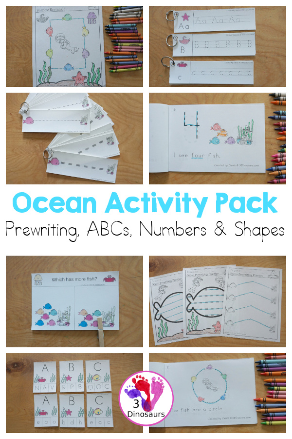 Ocean Activity Pack - Prewriting, ABCs, Shapes, & Numbers - 189 pages of activities with an ocean theme with easy reader books, clip cards, tracing strips and no-prep worksheets for kids in prek and kindergarten - 3Dinosaurs.com