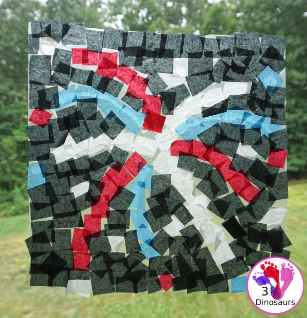 Tissue Paper Firework Craft for Kids - A fun window display for a fireworks craft that you can do for the fourth of July, New Years Eve or any holiday with fireworks. It works great for prek, kindergarten, first grade, and older. - 3Dinosaurs.com