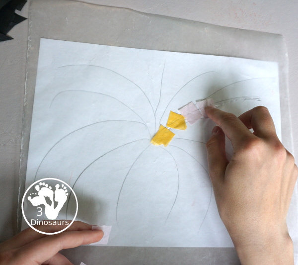 Tissue Paper Firework Craft for Kids - A fun window display for a fireworks craft that you can do for the fourth of July, New Years Eve or any holiday with fireworks. It works great for prek, kindergarten, first grade, and older. - 3Dinosaurs.com