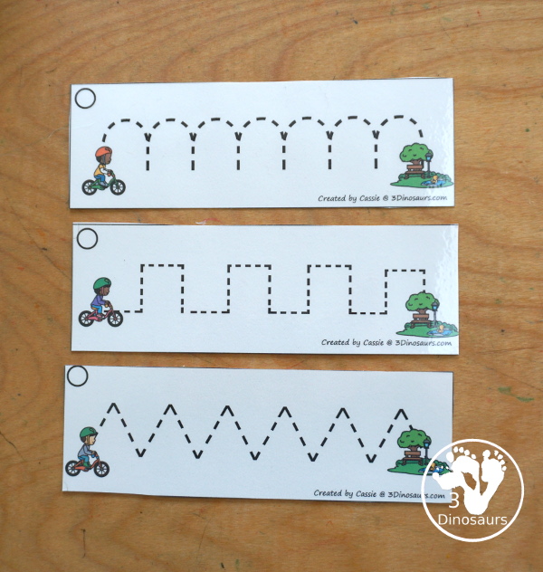 Free Bike Prewriting Pattern Strips, you have 8 prewriting pattern sets with the same prewriting patterns and mixed prewriting patterns. A fun way to change up prewriting with a bike going to the park - 3Dinosaurs.com