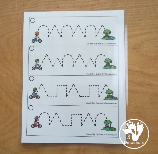 Free Bike Prewriting Pattern Strips, you have 8 prewriting pattern sets with the same prewriting patterns and mixed prewriting patterns. A fun way to change up prewriting with a bike going to the park - 3Dinosaurs.com