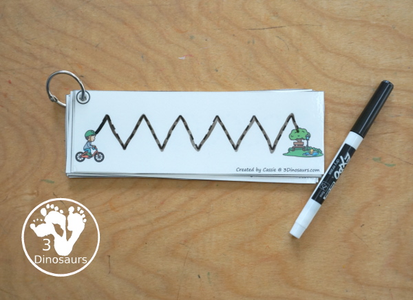 Free Bike Prewriting Pattern Strips, you have 8 prewriting pattern sets with the same prewriting patterns and mixed prewriting patterns. A fun way to change up prewriting with a bike going to the park - 3Dinosaurs.com