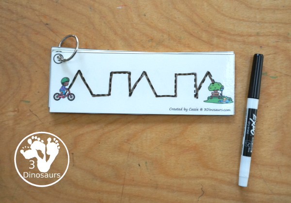 Free Bike Prewriting Pattern Strips, you have 8 prewriting pattern sets with the same prewriting patterns and mixed prewriting patterns. A fun way to change up prewriting with a bike going to the park - 3Dinosaurs.com