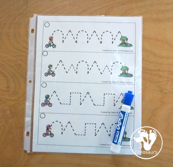 Free Bike Prewriting Pattern Strips, you have 8 prewriting pattern sets with the same prewriting patterns and mixed prewriting patterns. A fun way to change up prewriting with a bike going to the park - 3Dinosaurs.com