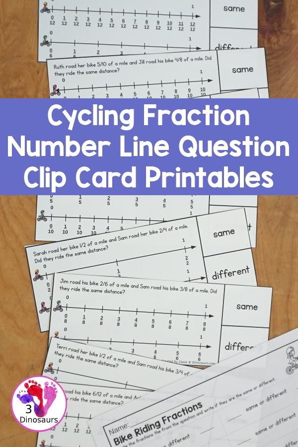 Free Cycling Fraction Number Line Question Clip Card Printables have two sentences for how far kids rode for a mile on their bikes. You have clipping for same or different and a recording sheet for the fractions and the word they clipped. A great fraction center idea for kids in third grade and fourth grade - 3Dinosaurs.com