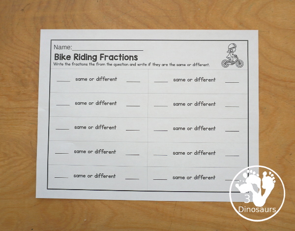 Free Cycling Fraction Number Line Question Clip Card Printables have two sentences for how far kids rode for a mile on their bikes. You have clipping for same or different and a recording sheet for the fractions and the word they clipped. A great fraction center idea for kids in third grade and fourth grade - 3Dinosaurs.com