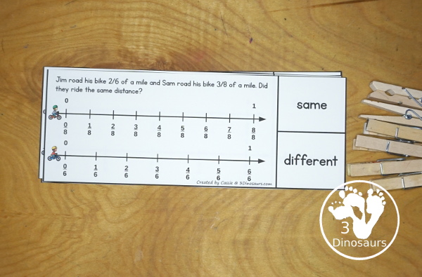 Free Cycling Fraction Number Line Question Clip Card Printables have two sentences for how far kids rode for a mile on their bikes. You have clipping for same or different and a recording sheet for the fractions and the word they clipped. A great fraction center idea for kids in third grade and fourth grade - 3Dinosaurs.com