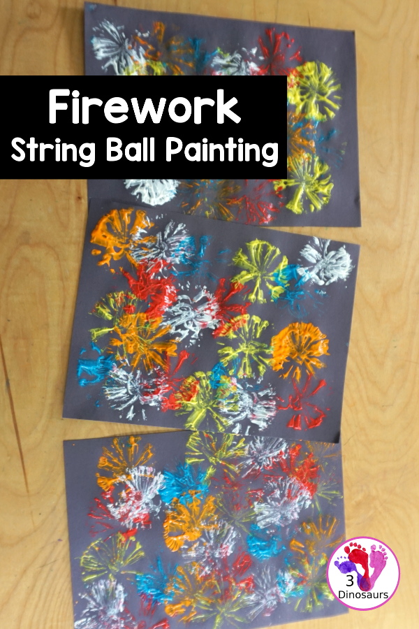 Firework Painting with String Balls - with a simple rubber band string ball painting with different colors and great for the Fourth of July and any Firework themes. And also works for the Opening Ceremony for the Olympics - 3Dinosaurs.com