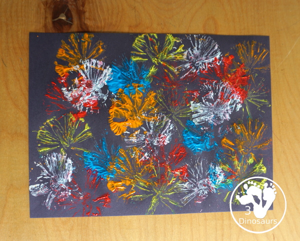 Firework Painting with String Balls - with a simple rubber band string ball painting with different colors and great for the Fourth of July and any Firework themes. And also works for the Opening Ceremony for the Olympics