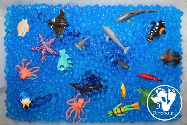 Ocean Water Bead Sensory Bin - a simple water bead sensory bin with ocean figures for kids to play in for word ocean day.- 3Dinosaurs.com