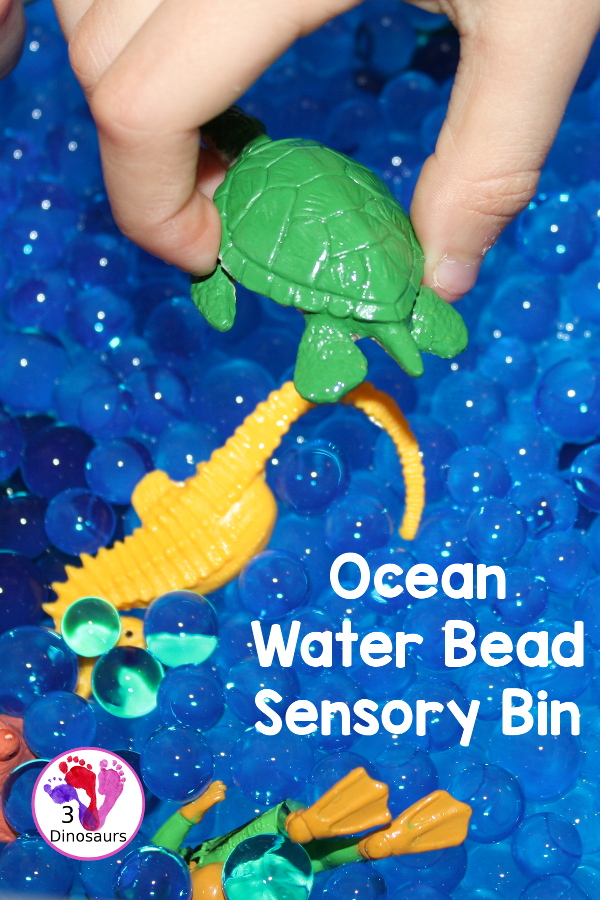 Ocean Water Bead Sensory Bin - a simple water bead sensory bin with ocean figures for kids to play in for word ocean day.- 3Dinosaurs.com