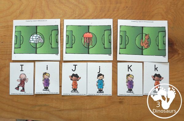 Free Soccer ABC Matching Printable - Beginning Sounds & Letter Matching with uppercase and lowercase letters and pictures on soccer fields with beginning sound to match the letters - 3Dinosaurs.com