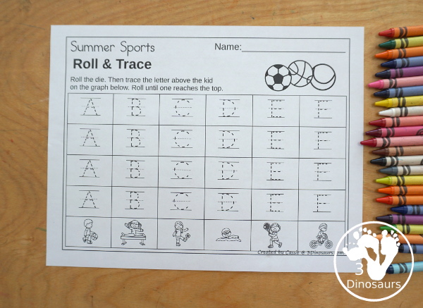 Summer Sports Roll & Graph With Trace Letters, Numbers & Shapes with a folding die and cube die with a graphing sheet, graphing with tracing numbers, graphing with tracing letters and graphing with tracing shapes. All with a fun summer sports theme for summer and the Olympics for prek and kindergarten - 3Dinosaurs.com