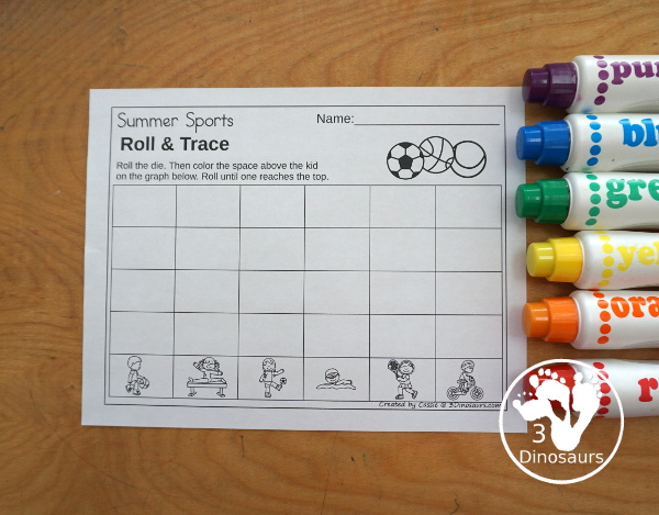 Summer Sports Roll & Graph With Trace Letters, Numbers & Shapes with a folding die and cube die with a graphing sheet, graphing with tracing numbers, graphing with tracing letters and graphing with tracing shapes. All with a fun summer sports theme for summer and the Olympics for prek and kindergarten - 3Dinosaurs.com
