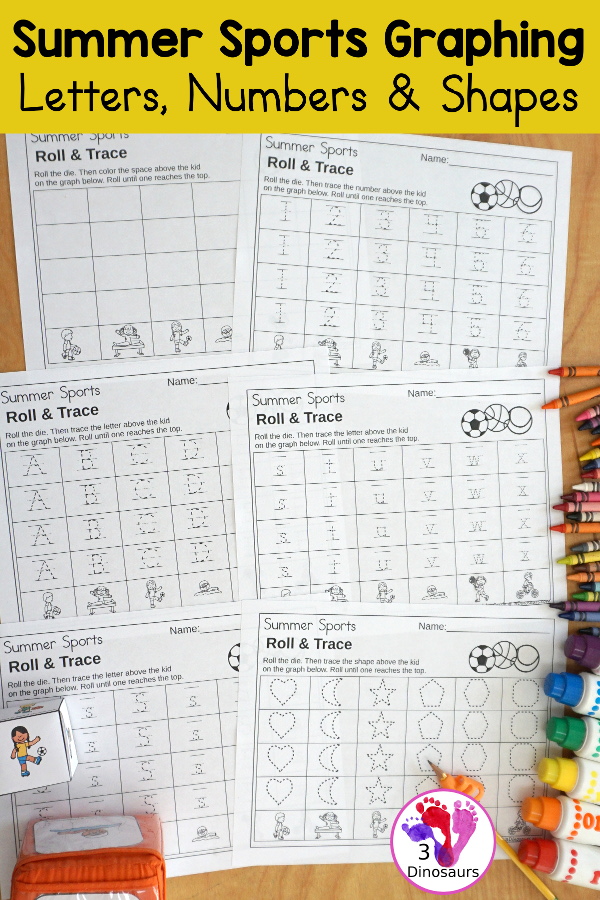 Summer Sports Roll & Graph With Trace Letters, Numbers & Shapes with a folding die and cube die with a graphing sheet, graphing with tracing numbers, graphing with tracing letters and graphing with tracing shapes. All with a fun summer sports theme for summer and the Olympics for prek and kindergarten - 3Dinosaurs.com