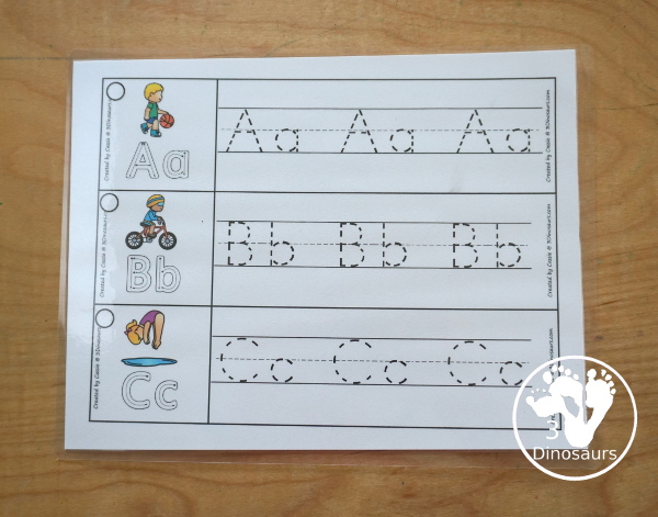 Free Summer Sports ABC Tracing Strips - with uppercase and lowercase together. You have fun kids doing different summer sports plus you can see an example of how to trace the letters - 3Dinosaurs.com