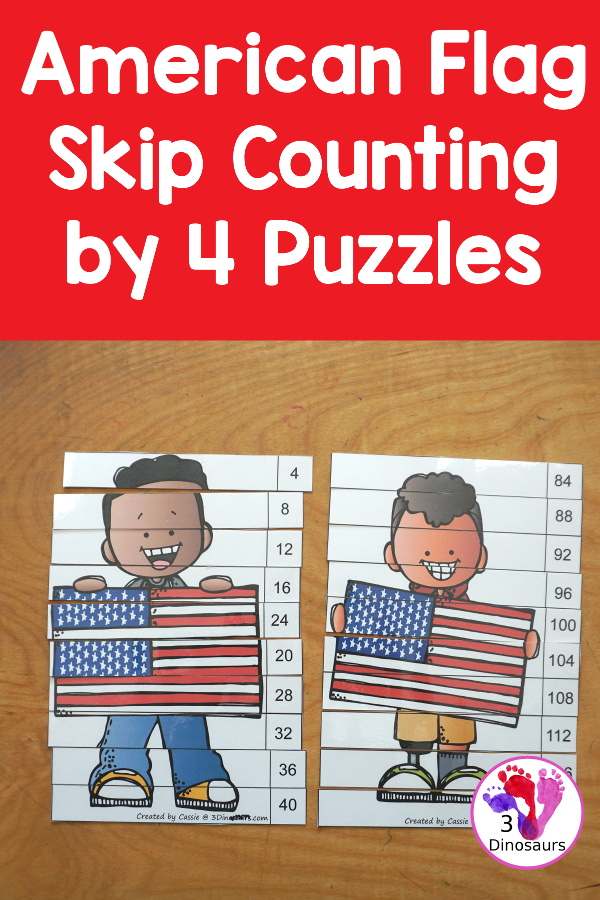 Free American Flag Skip Counting by 4 Puzzle Printable - three skip counting puzzles for kids to use to work on skip counting by 4 with 4 to 120 - 3Dinosaurs.com