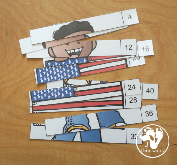 Free American Flag Skip Counting by 4 Puzzle Printable - three skip counting puzzles for kids to use to work on skip counting by 4 with 4 to 120 - 3Dinosaurs.com