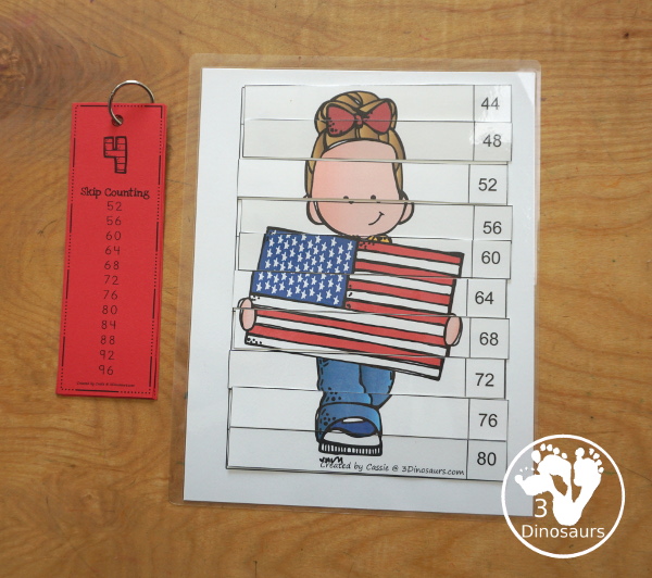 Free American Flag Skip Counting by 4 Puzzle Printable - three skip counting puzzles for kids to use to work on skip counting by 4 with 4 to 120 - 3Dinosaurs.com