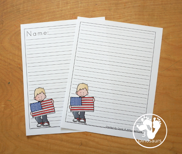 Free American Flag Writing Paper Printable - You have two different writing page lines for kids with guidelines and single line. Each type has a page with a name and without the name writing area. Great for the 4th of July or Flag Day- 3Dinosaurs.com