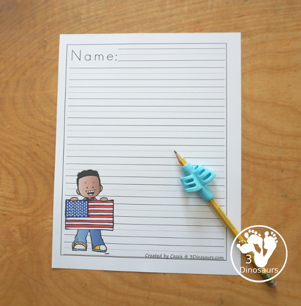 Free American Flag Writing Paper Printable - You have two different writing page lines for kids with guidelines and single line. Each type has a page with a name and without the name writing area. Great for the 4th of July or Flag Day- 3Dinosaurs.com
