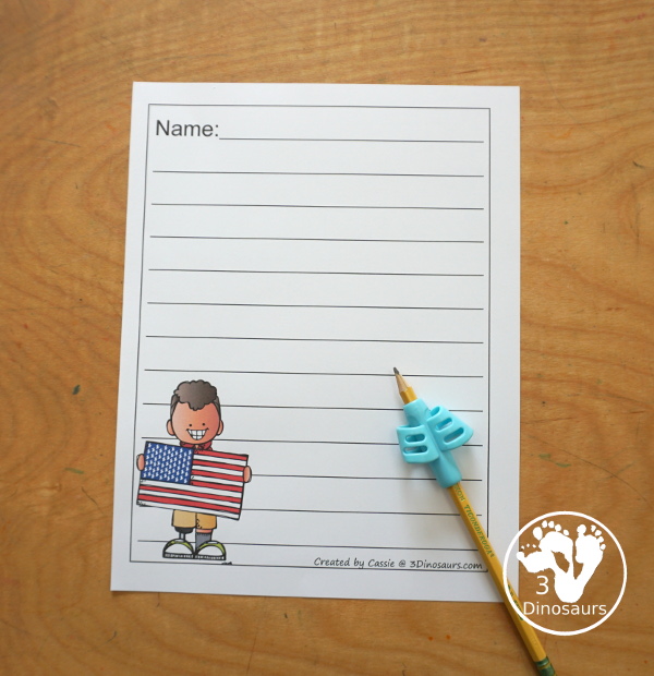 Free American Flag Writing Paper Printable - You have two different writing page lines for kids with guidelines and single line. Each type has a page with a name and without the name writing area. Great for the 4th of July or Flag Day- 3Dinosaurs.com