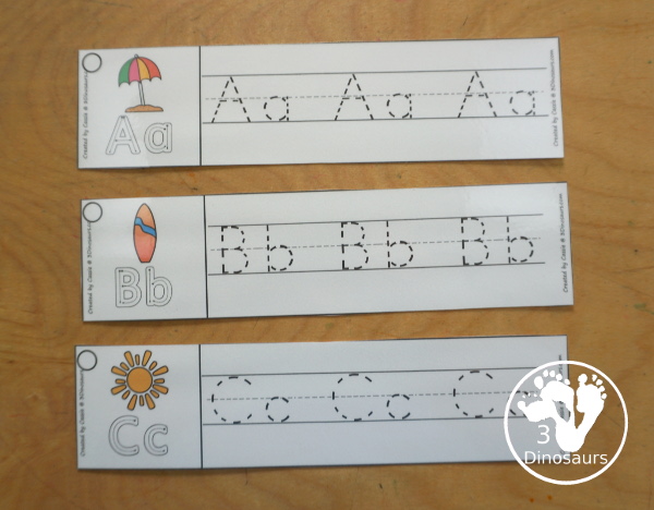 Free Beach ABC Tracing Strips - with uppercase and lowercase together. You have fun kids with a Beach- plus you can see an example of how to trace the letters - 3Dinosaurs.com