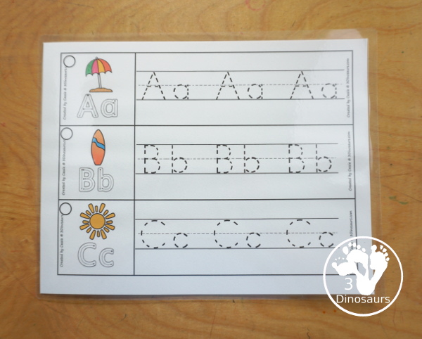 Free Beach ABC Tracing Strips - with uppercase and lowercase together. You have fun kids with a Beach- plus you can see an example of how to trace the letters - 3Dinosaurs.com