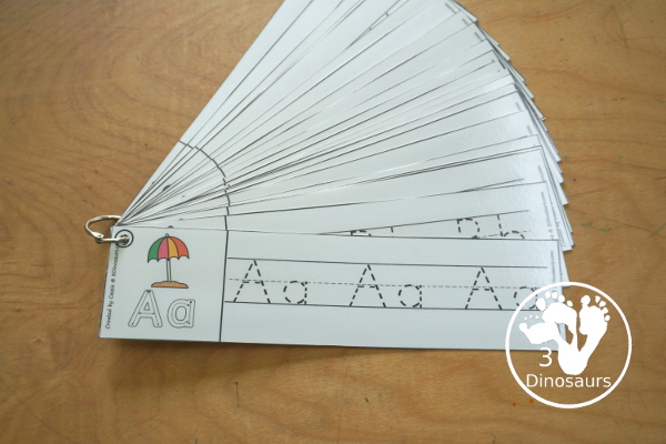 Free Beach ABC Tracing Strips - with uppercase and lowercase together. You have fun kids with a Beach- plus you can see an example of how to trace the letters - 3Dinosaurs.com