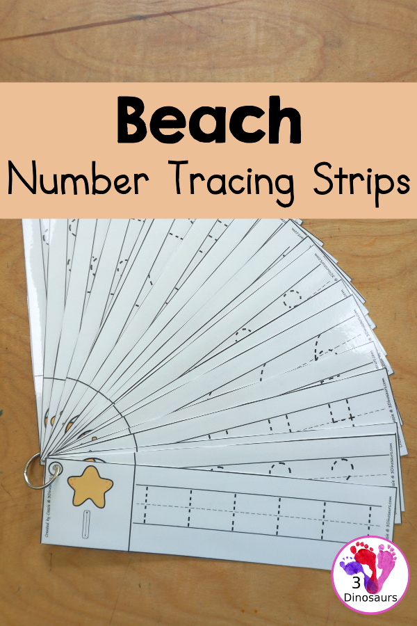 Free Beach Number Tracing Strips - with numbers 0 to 20. You can tracing the numbers and an example of how to trace the numbers on the strips, plus an beach themes on each tracing strip. - 3Dinosaurs.com