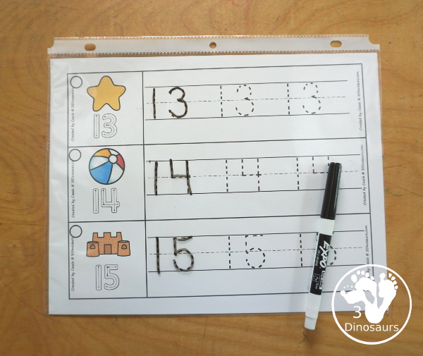 Free Beach Number Tracing Strips - with numbers 0 to 20. You can tracing the numbers and an example of how to trace the numbers on the strips, plus an beach themes on each tracing strip. - 3Dinosaurs.com