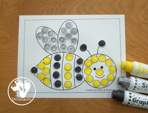 Free Bee Fine Motor Mat Printables - you have 3 fine motor mats: a bee template, a bee tracing worksheet, and a bee dot marker page. There are great for tot, preschool, prek, and kindergarten - 3Dinosaurs.com - 3Dinosaurs.com