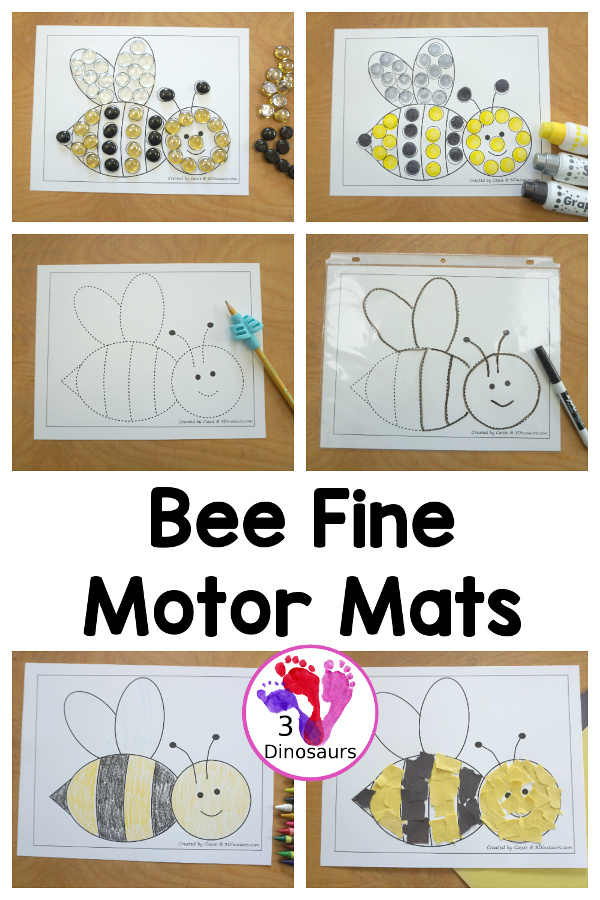 Free Bee Fine Motor Mat Printables - you have 3 fine motor mats: a bee template, a bee tracing worksheet, and a bee dot marker page. They are great for tot, preschool, prek, and kindergarten - 3Dinosaurs.com - 3Dinosaurs.com
