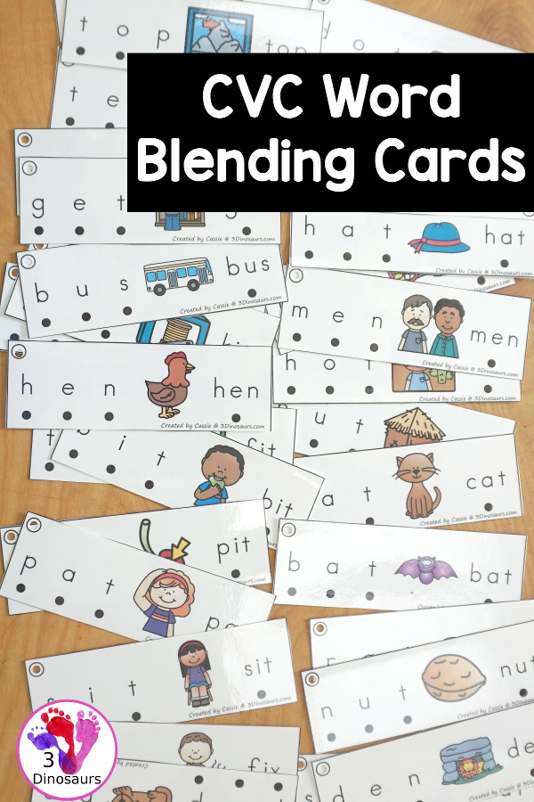 82 CVC Blending Cards For Kids - with sounding out the letters and then blending the letters together to make the words. A fun CVC printable for kids. 3Dinosaurs.com