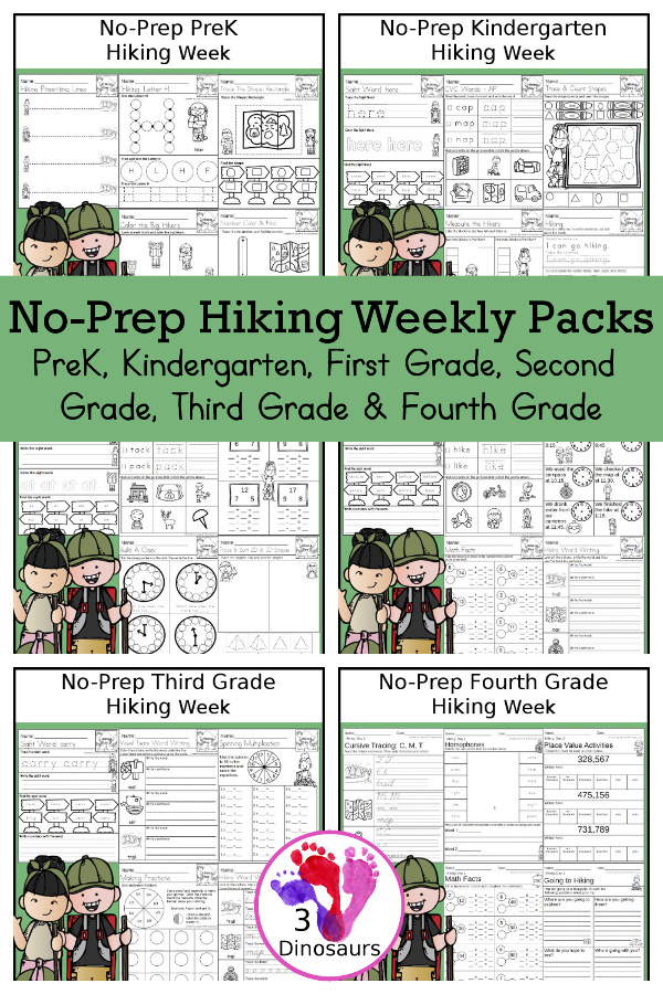 No-Prep Hiking Weekly Packs PreK, Kindergarten, First Grade, Second Grade, Third Grade & Fourth Grade with 5 days of activities to do for each grade level with tree words - You will find a mix of math, language, and more - These are easy to use packs for homework and morning work. Easy no-prep printables for kids with four pages for each day.  - 3Dinosaurs.com