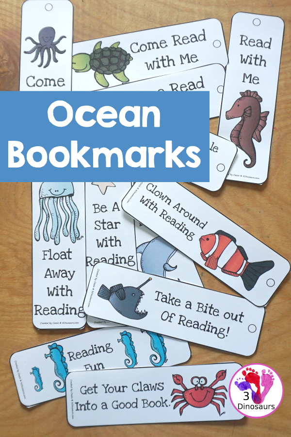 Free Ocean Themed Bookmarks - 12 different bookmarks to use with kids. You have 12 different ocean animals on the bookmarks and fun reading phrases on each book. You have 3 pages of printable bookmarks to use. 3Dinosaurs.com