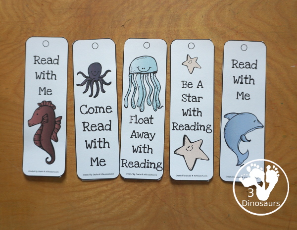 Free Ocean Themed Bookmarks - 12 different bookmarks to use with kids. You have 12 different ocean animals on the bookmarks and fun reading phrases on each book. You have 3 pages of printable bookmarks to use. 3Dinosaurs.com