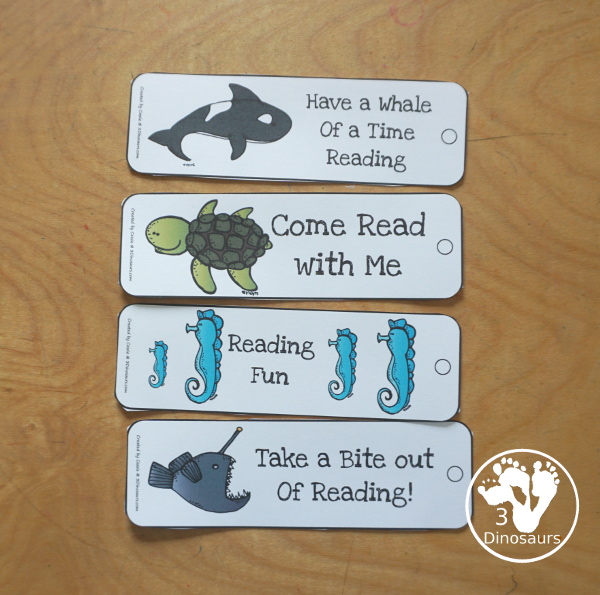 Free Ocean Themed Bookmarks - 12 different bookmarks to use with kids. You have 12 different ocean animals on the bookmarks and fun reading phrases on each book. You have 3 pages of printable bookmarks to use. 3Dinosaurs.com