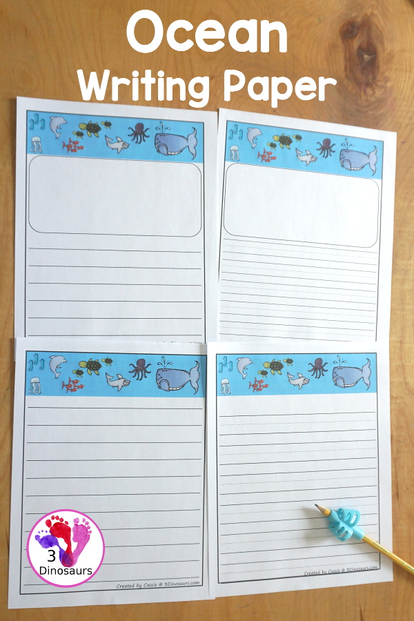 Free Ocean Writing Paper - you have four pages of writing paper with guidelines and single page lines. You have a space for drawing and lines or just a page with lines for kids to have fun writing. 3Dinosaurs.com