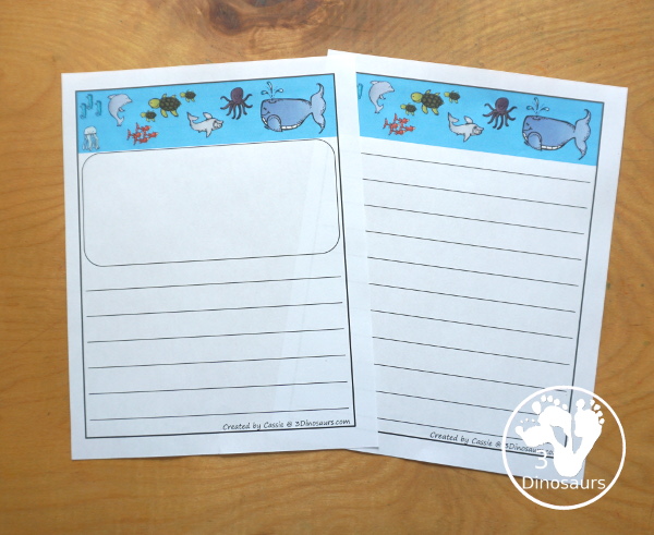 Free Ocean Writing Paper - you have four pages of writing paper with guidelines and single page lines. You have a space for drawing and lines or just a page with lines for kids to have fun writing. 3Dinosaurs.com