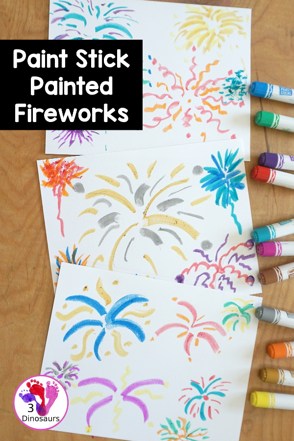 Paint Stick Fireworks Painting For Kids - a super simple firework painting for kids. And is loads of fun to make for preschool, prek, and kindergarten age kids. And older kids can make these fireworks painting as well - 3Dinosaurs.com