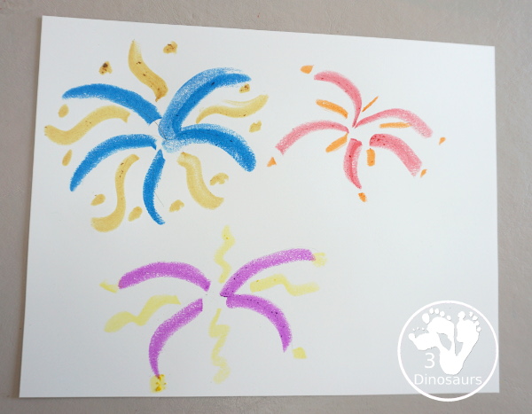 Paint Stick Fireworks Painting For Kids - a super simple firework painting for kids. And is loads of fun to make for preschool, prek, and kindergarten age kids. And older kids can make these fireworks painting as well - 3Dinosaurs.com