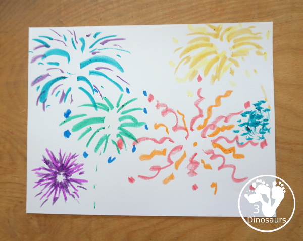 Paint Stick Fireworks Painting For Kids - a super simple firework painting for kids. And is loads of fun to make for preschool, prek, and kindergarten age kids. And older kids can make these fireworks painting as well - 3Dinosaurs.com