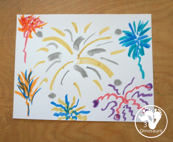Paint Stick Fireworks Painting For Kids - a super simple firework painting for kids. And is loads of fun to make for preschool, prek, and kindergarten age kids. And older kids can make these fireworks painting as well - 3Dinosaurs.com