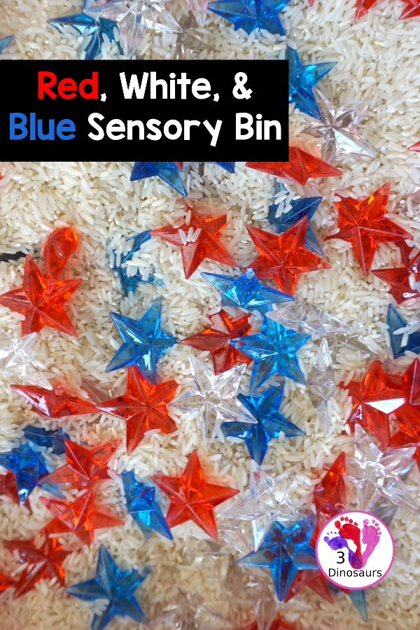 Red, White & Blue Star Sensory Bin for the Fourth of July - A simple sensory bin with red, white and blue stars with a rice filler. A great way to work on color for the 4th of July with kids in preschool, prek and kindergarten - 3Dinosaurs.com