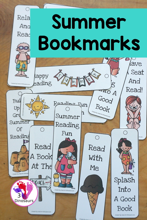 Free Summer Themed Bookmarks - 12 different bookmarks to pick from, all with fun summer themes and phrases for kids who need bookmarks or a fun place holder in a book.. 3Dinosaurs.com