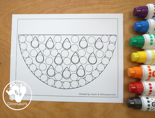 Free Watermelon Fine Motor Mat Printables: watermelon dot marker page. A dot marker page for the watermelon for kids to dot. There are great for preschool, prek and kindergarten- 3Dinosaurs.com