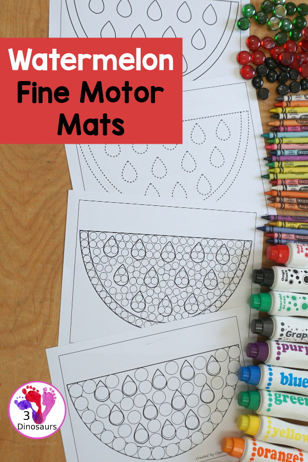Free Watermelon Fine Motor Mat Printables - You have a watermelon template, watermelon tracing page, watermelon cotton swab page, and watermelon dot marker page. A great fine motor set for preschool, prek and kindergarten- 3Dinosaurs.com