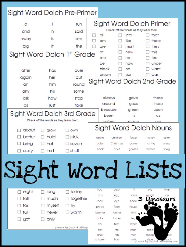 Free Sight Words Dolch Lists- two list types for each sight word list in the Dolch Sight Word lists - You have all 6 dolch sight word lists that you can print and use with kids or keep track of the words. 3Dinosaurs.com