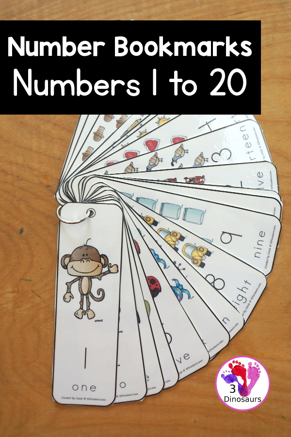 Free Number Bookmarks - Numbers 1 to 20 You have pictures that count up to the number, the numerical number and number word on each bookmark. A fun way to review or learn numbers. - 3Dinosaurs.com